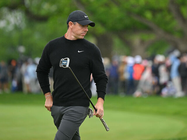 FLOURTOWN, PHILADELPHIA - MAY 09: Rory McIlroy of Northern Ireland reads the sixth green during the second round of Truist Championship at The Philadelphia Cricket Club (Wissahickon Course) on May 9, 2025 in Flourtown, Philadelphia.