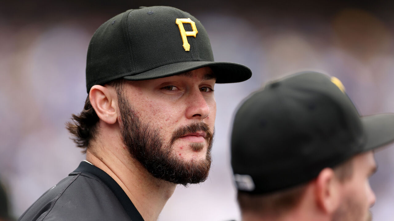 LOS ANGELES, CALIFORNIA - APRIL 27: Paul Skenes #30 of the Pittsburgh Pirates looks on against the Los Angeles Dodgers during the fifth inning at Dodger Stadium on April 27, 2025 in Los Angeles, California.