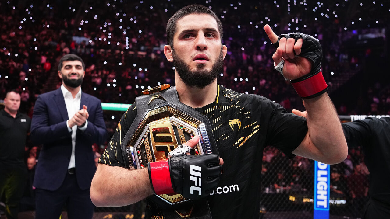INGLEWOOD, CALIFORNIA - JANUARY 18: Islam Makhachev of Russia reacts after a submission victory against Renato Moicano of Brazil in the UFC lightweight championship fight during the UFC 311 event at Intuit Dome on January 18, 2025 in Inglewood, California.