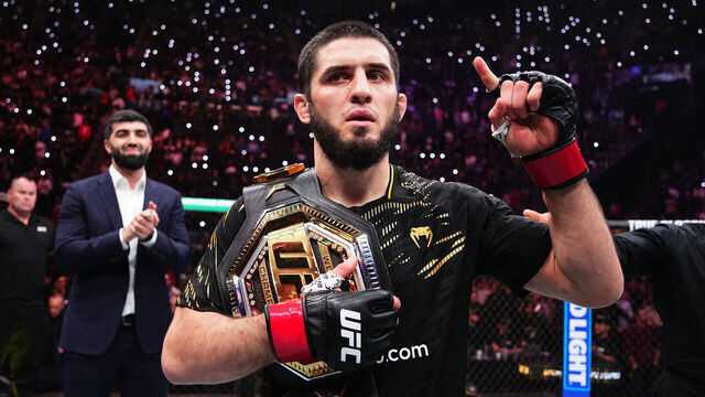INGLEWOOD, CALIFORNIA - JANUARY 18: Islam Makhachev of Russia reacts after a submission victory against Renato Moicano of Brazil in the UFC lightweight championship fight during the UFC 311 event at Intuit Dome on January 18, 2025 in Inglewood, California.