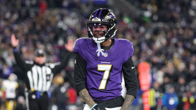BALTIMORE, MARYLAND - JANUARY 11: Rashod Bateman #7 of the Baltimore Ravens celebrates a touchdown during the first quarter against the Pittsburgh Steelers during the AFC Wild Card Playoff at M&T Bank Stadium on January 11, 2025 in Baltimore, Maryland.