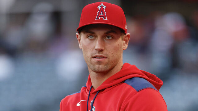 ANAHEIM, CALIFORNIA - MAY 1: Ben Joyce #44 of the Los Angeles Angels looks on in the dugout prior to a game against the Detroit Tigers at Angel Stadium of Anaheim on May 1, 2025 in Anaheim, California.