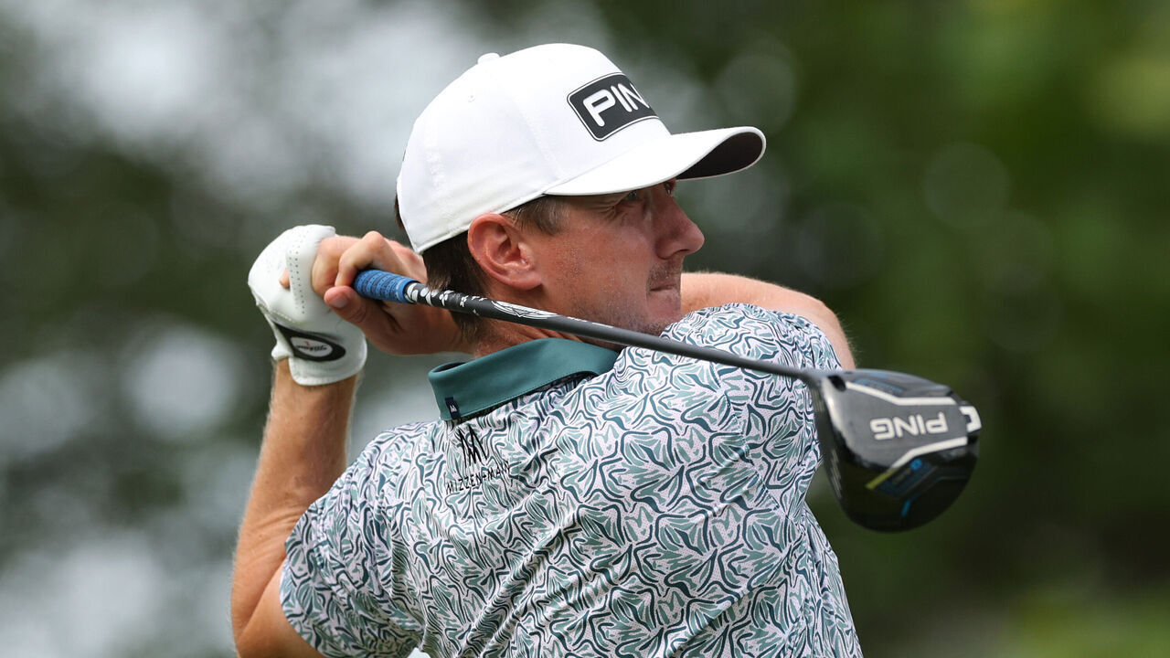 MYRTLE BEACH, SOUTH CAROLINA - MAY 08: Mackenzie Hughes of Canada plays his shot from the 11th tee during the first round of the ONEflight Myrtle Beach Classic 2025 at Dunes Golf & Beach Club on May 08, 2025 in Myrtle Beach, South Carolina.