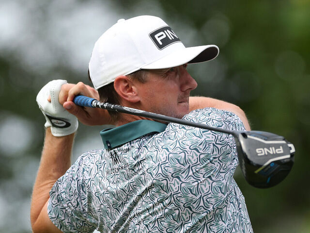 MYRTLE BEACH, SOUTH CAROLINA - MAY 08: Mackenzie Hughes of Canada plays his shot from the 11th tee during the first round of the ONEflight Myrtle Beach Classic 2025 at Dunes Golf & Beach Club on May 08, 2025 in Myrtle Beach, South Carolina.