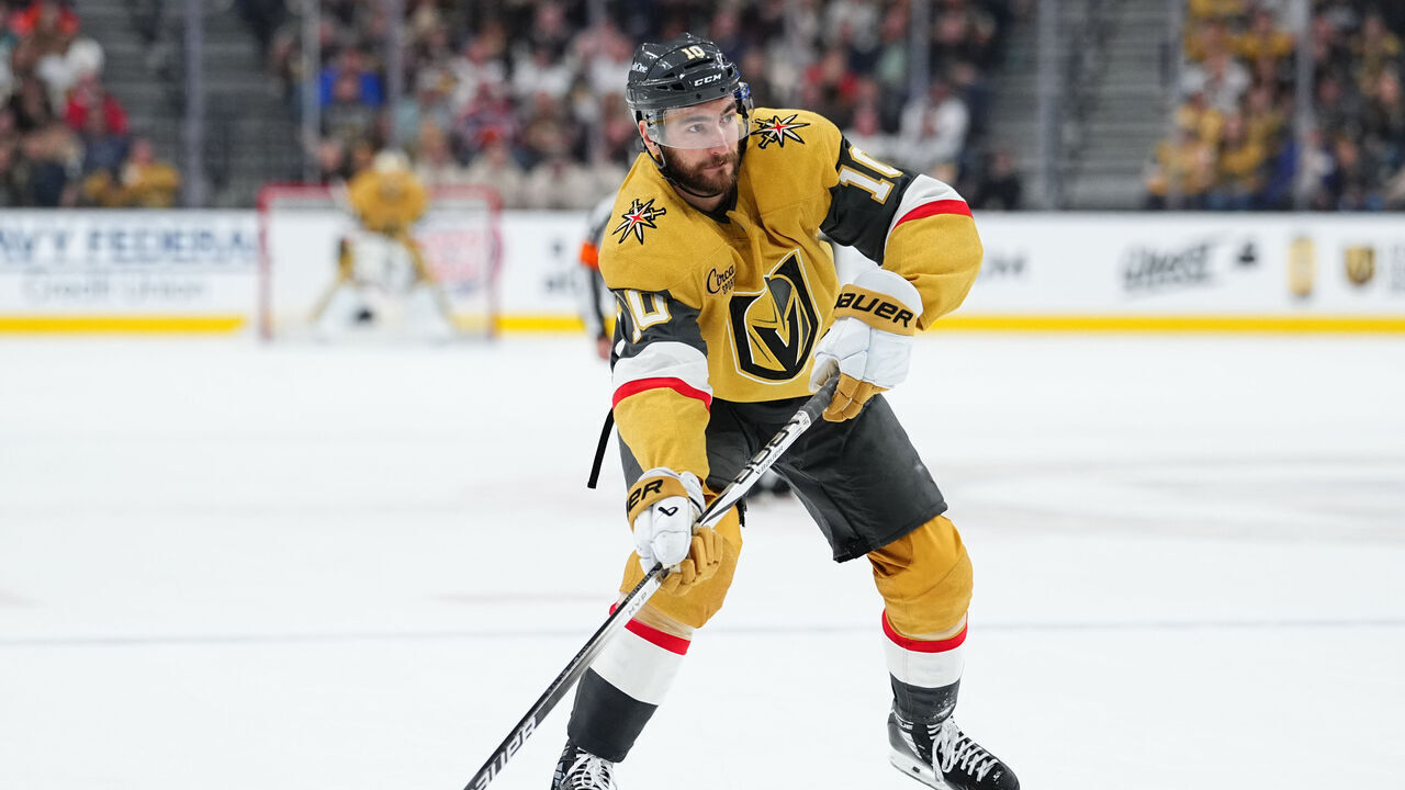 LAS VEGAS, NEVADA - MAY 08: Nicolas Roy #10 of the Vegas Golden Knights passes the puck during the third period of Game Two of the Second Round of the 2025 Stanley Cup Playoffs against the Edmonton Oilers at T-Mobile Arena on May 08, 2025 in Las Vegas, Nevada.