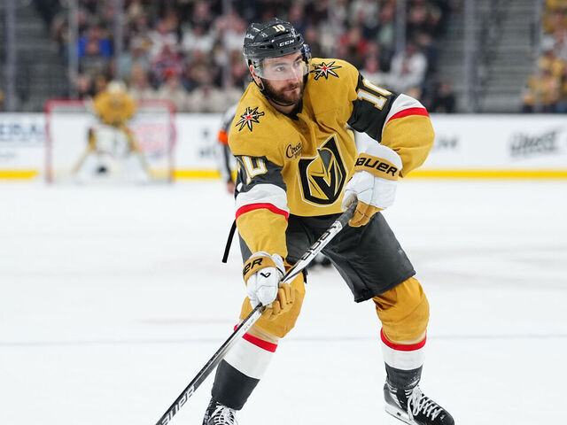 LAS VEGAS, NEVADA - MAY 08: Nicolas Roy #10 of the Vegas Golden Knights passes the puck during the third period of Game Two of the Second Round of the 2025 Stanley Cup Playoffs against the Edmonton Oilers at T-Mobile Arena on May 08, 2025 in Las Vegas, Nevada.
