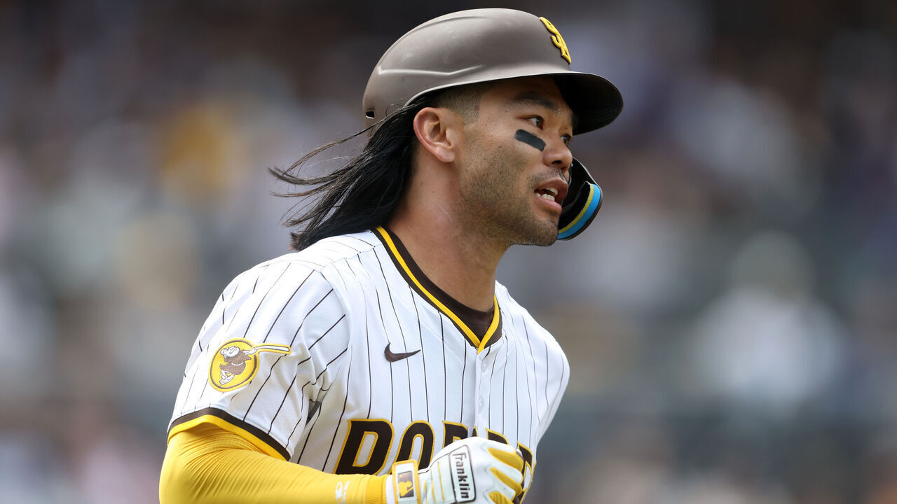 SAN DIEGO, CALIFORNIA - APRIL 16: Connor Joe #24 of the San Diego Padres at bat during a game against the Chicago Cubs at Petco Park on April 16, 2025 in San Diego, California.