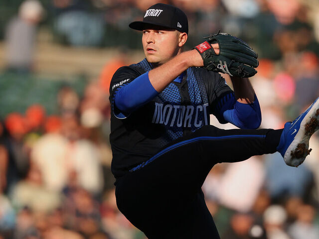 DETROIT, MICHIGAN - MAY 09: Tarik Skubal #29 of the Detroit Tigers throws a first inning pitch against the Texas Rangers at Comerica Park on May 09, 2025 in Detroit, Michigan.