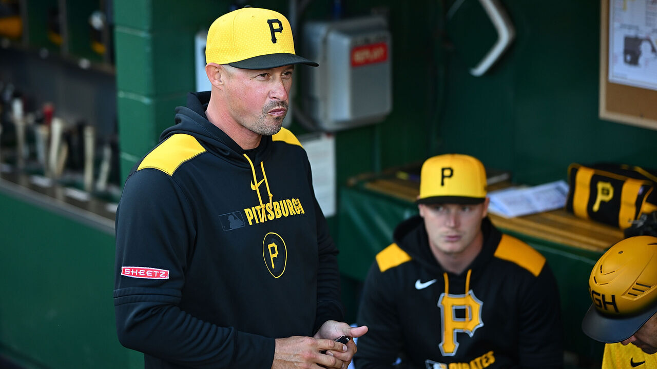 PITTSBURGH, PENNSYLVANIA - MAY 9: Pittsburgh Pirates manager Don Kelly #12 looks on from the dugout before the game against the Atlanta Braves at PNC Park on May 9, 2025 in Pittsburgh, Pennsylvania.