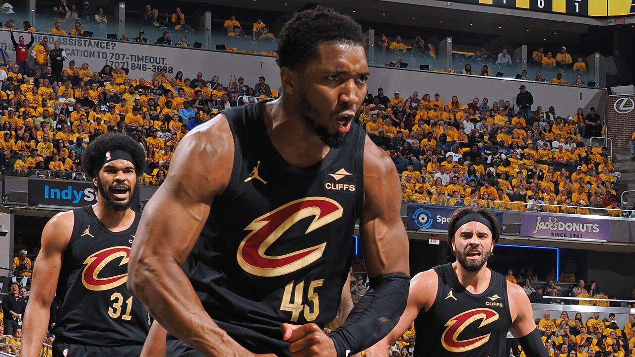 INDIANAPOLIS, IN - MAY 9: Donovan Mitchell #45 of the Cleveland Cavaliers celebrates during the game against the Indiana Pacers during Round Two Game Three of the 2025 NBA Playoffs on May 9, 2025 at Gainbridge Fieldhouse in Indianapolis, Indiana. Mandatory Copyright Notice: Copyright 2025 NBAE