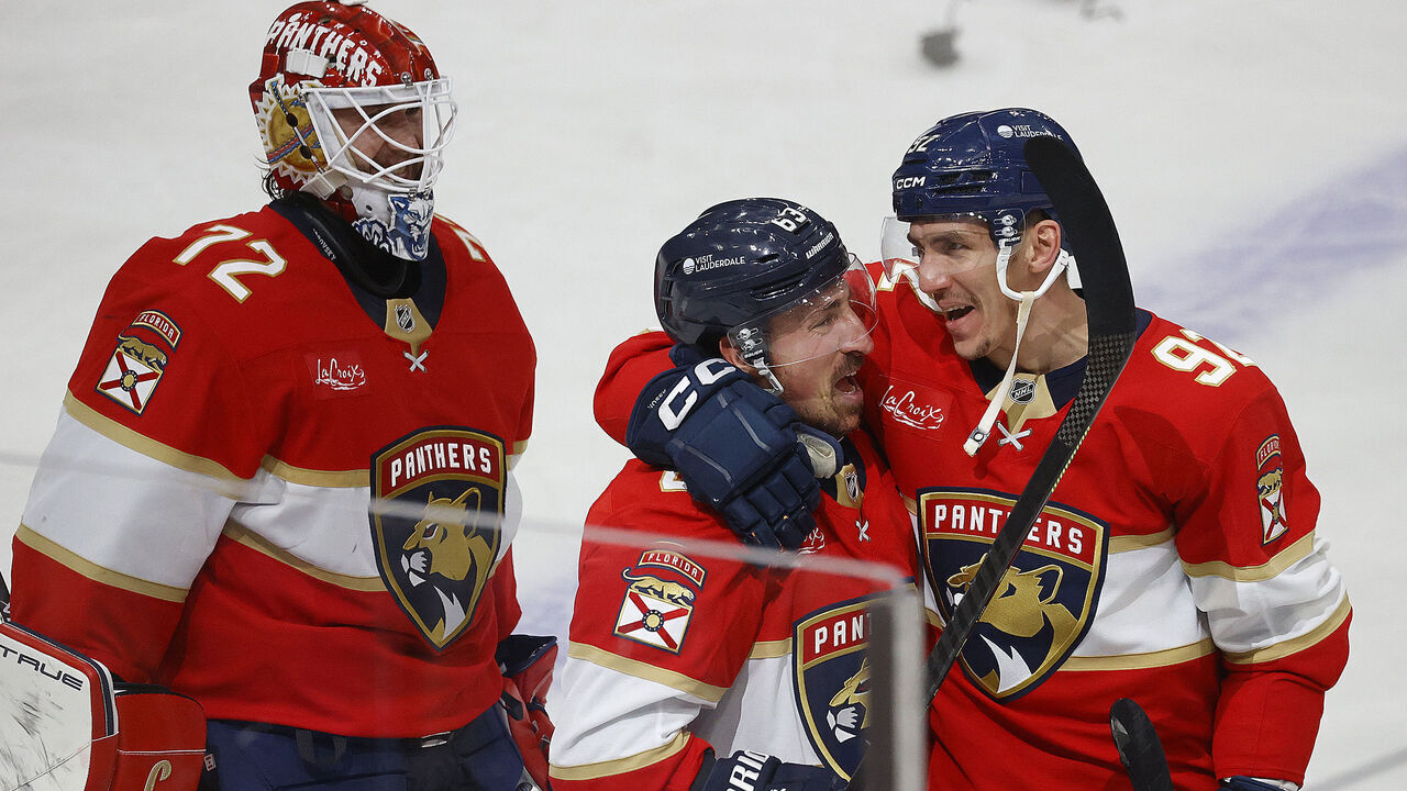 SUNRISE, FLORIDA - MAY 9: Brad Marchand #63 of the Florida Panthers celebrates his game winning goal with teammate Tomas Nosek #92 against the Toronto Maple Leafs in Game Three of the Second Round of the 2025 Stanley Cup Playoffs at the Amerant Bank Arena on May 9, 2025 in Sunrise, Florida.