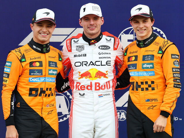 SUZUKA, JAPAN - APRIL 05: Second placed qualifier Lando Norris of Great Britain and McLaren Pole position qualifier Max Verstappen of the Netherlands and Oracle Red Bull Racing and Third placed qualifier Oscar Piastri of Australia and McLaren looks on during qualifying ahead of the F1 Grand Prix of Japan at Suzuka Circuit on April 05, 2025 in Suzuka, Japan.