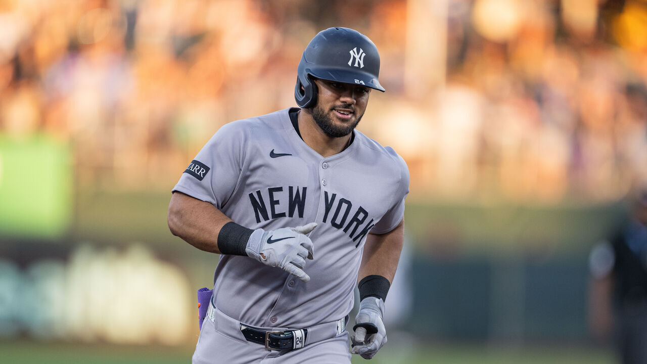 SACRAMENTO, CALIFORNIA - MAY 9: Jasson Dominguez #24 of the Yankees hits a home run in the top of the 3rd inning against the Athletics at Sutter Health Park on May 9, 2025 in Sacramento, California.