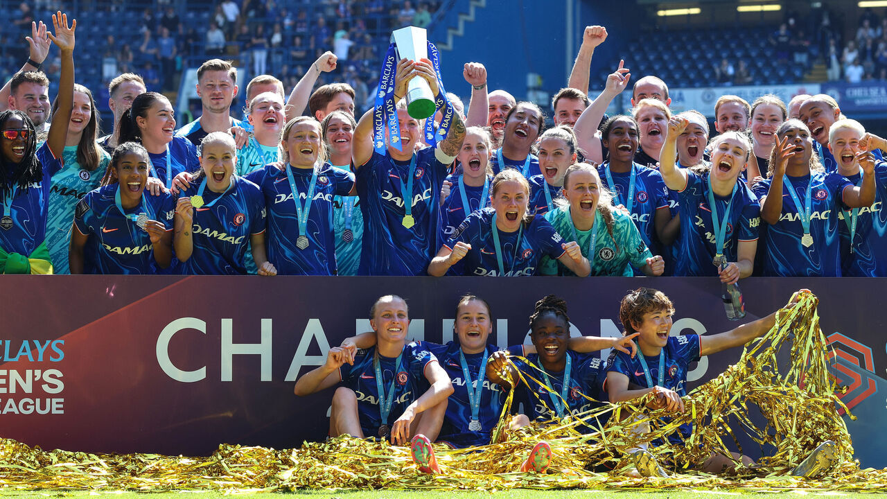 LONDON, ENGLAND - MAY 10: Chelsea celebrate with the trophy during the Barclays Women's Super League match between Chelsea and Liverpool Women at Stamford Bridge on May 10, 2025 in London, England.
