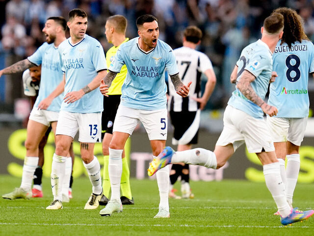 Matias Vecino of SS Lazio celebrates after scoring first goal during the Serie A Enilive match between SS Lazio and Juventus FC at Stadio Olimpico on May 10, 2025 in Rome, Italy.