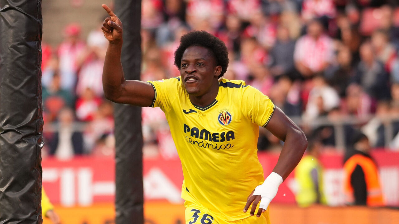 GIRONA, SPAIN - MAY 10: Etta Eyong of Villarreal CF celebrates scoring his team's first goal during the LaLiga match between Girona FC and Villarreal CF at Montilivi Stadium on May 10, 2025 in Girona, Spain.