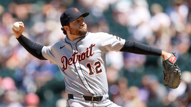DENVER, COLORADO - MAY 08: Starting pitcher Casey Mize #12 of the Detroit Tigers throws against the Colorado Rockies in the second inning at Coors Field in game one of a double header on May 08, 2025 in Denver, Colorado.
