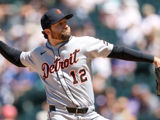DENVER, COLORADO - MAY 08: Starting pitcher Casey Mize #12 of the Detroit Tigers throws against the Colorado Rockies in the second inning at Coors Field in game one of a double header on May 08, 2025 in Denver, Colorado.