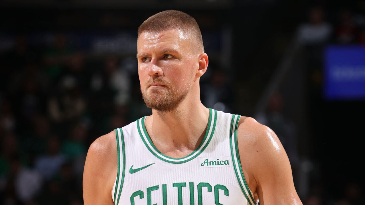BOSTON, MA - MAY 5: Kristaps Porzingis #8 of the Boston Celtics looks on during the game against the New York Knicks during Game 1 of the 2025 NBA Eastern Conference Semifinals of the 2025 NBA Playoffs on May 5, 2025 at TD Garden in Boston, Massachusetts. NOTE TO USER: User expressly acknowledges and agrees that, by downloading and/or using this Photograph, user is consenting to the terms and conditions of the Getty Images License Agreement. Mandatory Copyright Notice: Copyright 2025 NBAE