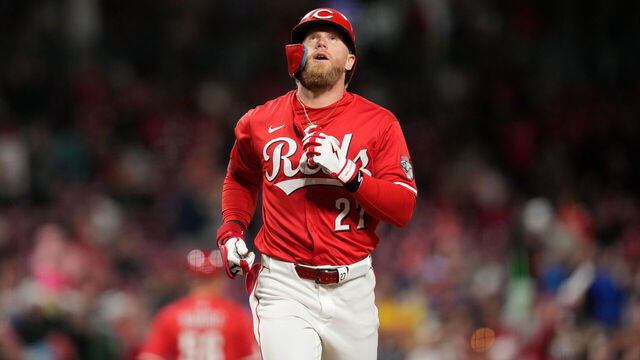 CINCINNATI, OHIO - MAY 03: Jake Fraley #27 of the Cincinnati Reds rounds the bases after hitting a solo home run during the sixth inning of a baseball game against the Washington Nationals at Great American Ball Park on May 03, 2025 in Cincinnati, Ohio.