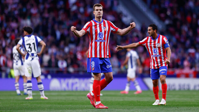 MADRID, SPAIN - MAY 10: Alexander Sorloth of Atletico de Madrid celebrates a goal during the Spanish League, LaLiga EA Sports, football match played between Atletico de Madrid and Real Sociedad at Riyadh Air Metropolitano stadium on May 10, 2025, in Madrid, Spain.