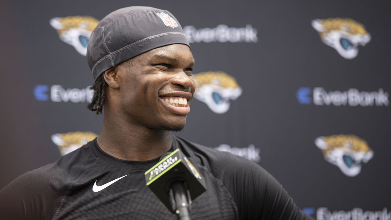 JACKSONVILLE, FLORIDA - MAY 10: Travis Hunter #12 of the Jacksonville Jaguars speaks to the Media during Jacksonville Jaguars Rookie Minicamp at Miller Electric Center on May 10, 2025 in Jacksonville, Florida.