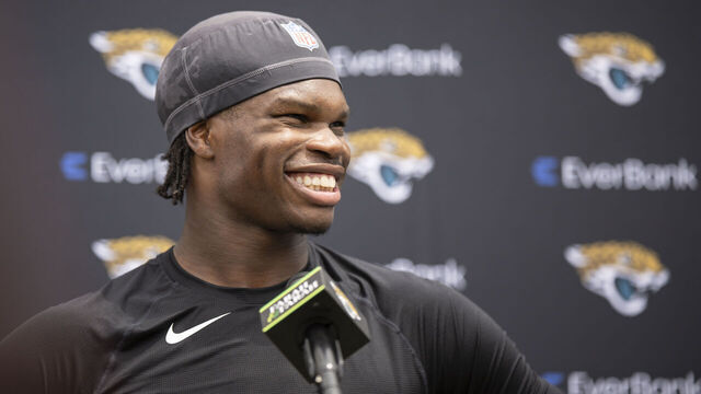 JACKSONVILLE, FLORIDA - MAY 10: Travis Hunter #12 of the Jacksonville Jaguars speaks to the Media during Jacksonville Jaguars Rookie Minicamp at Miller Electric Center on May 10, 2025 in Jacksonville, Florida.