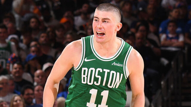 NEW YORK, NY - MAY 10: Payton Pritchard #11 of the Boston Celtics celebrates during the game against the New York Knicks during Round Two Game Three of the 2025 NBA Playoffs on May 10, 2025 at Madison Square Garden in New York City, New York. Mandatory Copyright Notice: Copyright 2025 NBAE