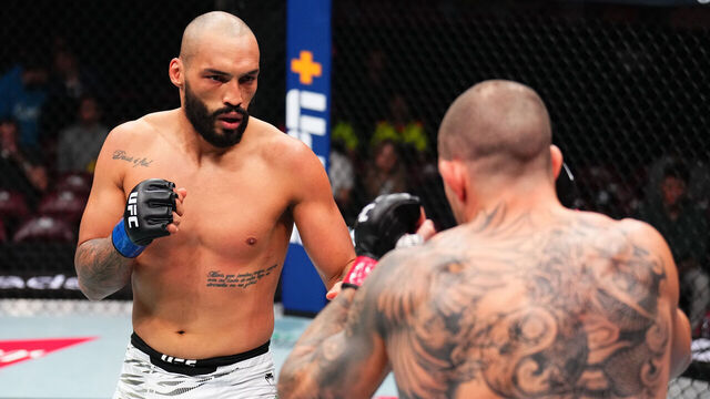 MONTREAL, QUEBEC - MAY 10: (L-R) Bruno Silva of Brazil battles Marc-Andre Barriault of Canada in a middleweight bout during the UFC 315 event at Bell Centre on May 10, 2025 in Montreal, Quebec.
