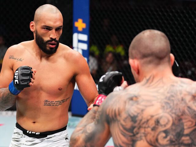MONTREAL, QUEBEC - MAY 10: (L-R) Bruno Silva of Brazil battles Marc-Andre Barriault of Canada in a middleweight bout during the UFC 315 event at Bell Centre on May 10, 2025 in Montreal, Quebec.