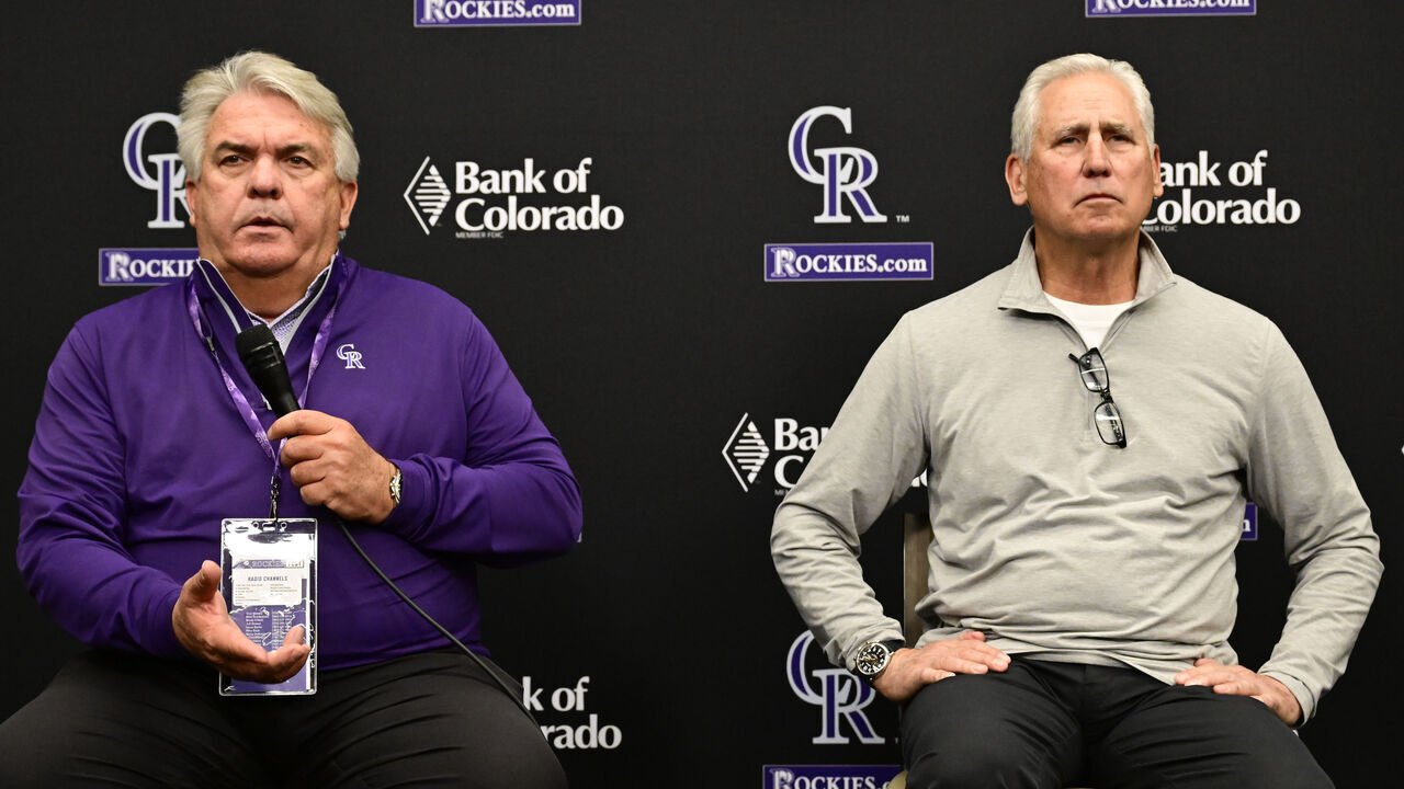 DENVER, CO - JANUARY 27: Colorado Rockies GM Bill Schmidt, left, and manager Bud Black before a press conference during Rockies Fest at Coors Field in Denver, Colorado on Saturday, January 27, 2024.