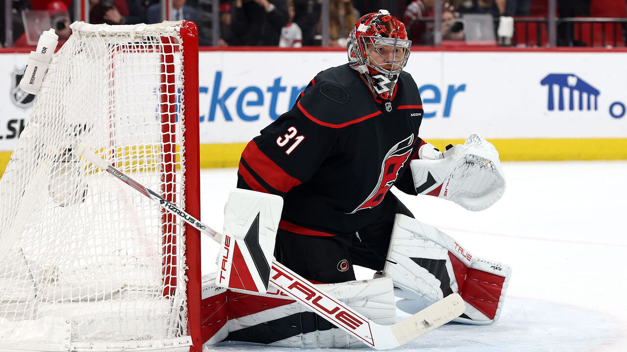 RALEIGH, NORTH CAROLINA - MAY 10: Frederik Andersen #31 of the Carolina Hurricanes tends goal against the Washington Capitals during the third period in Game Three of the Second Round of the 2025 Stanley Cup Playoffs at Lenovo Center on May 10, 2025 in Raleigh, North Carolina.
