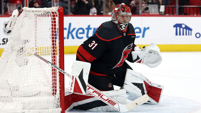 RALEIGH, NORTH CAROLINA - MAY 10: Frederik Andersen #31 of the Carolina Hurricanes tends goal against the Washington Capitals during the third period in Game Three of the Second Round of the 2025 Stanley Cup Playoffs at Lenovo Center on May 10, 2025 in Raleigh, North Carolina.