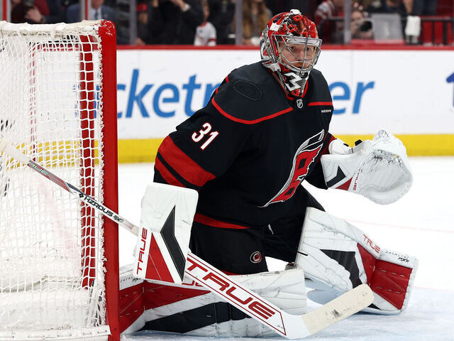 RALEIGH, NORTH CAROLINA - MAY 10: Frederik Andersen #31 of the Carolina Hurricanes tends goal against the Washington Capitals during the third period in Game Three of the Second Round of the 2025 Stanley Cup Playoffs at Lenovo Center on May 10, 2025 in Raleigh, North Carolina.