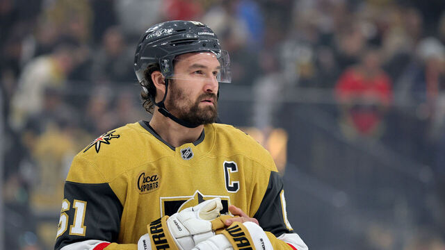 LAS VEGAS, NEVADA - MAY 08: Mark Stone #61 of the Vegas Golden Knights adjusts his gloves before the start of Game Two of the Second Round of the 2025 Stanley Cup Playoffs against the Edmonton Oilers at T-Mobile Arena on May 08, 2025 in Las Vegas, Nevada. The Oilers defeated the Golden Knights 5-4 in overtime.