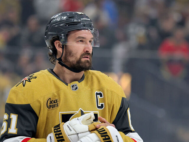 LAS VEGAS, NEVADA - MAY 08: Mark Stone #61 of the Vegas Golden Knights adjusts his gloves before the start of Game Two of the Second Round of the 2025 Stanley Cup Playoffs against the Edmonton Oilers at T-Mobile Arena on May 08, 2025 in Las Vegas, Nevada. The Oilers defeated the Golden Knights 5-4 in overtime.