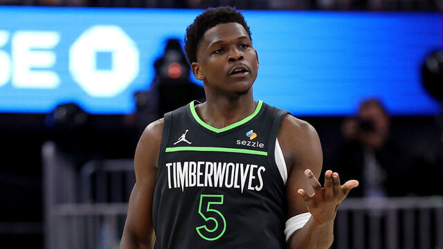 SAN FRANCISCO, CALIFORNIA - MAY 10: Anthony Edwards #5 of the Minnesota Timberwolves reacts against the Golden State Warriors during the fourth quarter in Game Three of the Western Conference Second Round NBA Playoffs at Chase Center on May 10, 2025 in San Francisco, California.