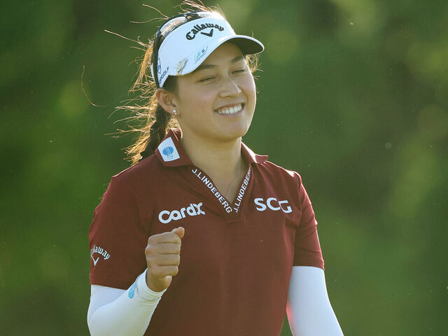 JERSEY CITY, NEW JERSEY - MAY 10: Jeeno Thitikul of Thailand reacts on the 17th green during the third round of the Mizuho Americas Open 2025 at Liberty National Golf Club on May 10, 2025 in Jersey City, New Jersey.