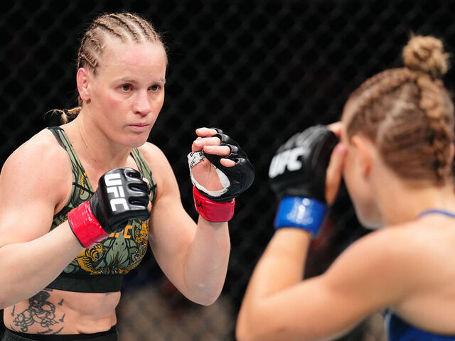 MONTREAL, QUEBEC - MAY 10: (L-R) Valentina Shevchenko of Kyrgyzstan battles Manon Fiorot of France in the UFC flyweight championship bout during the UFC 315 event at Bell Centre on May 10, 2025 in Montreal, Quebec.