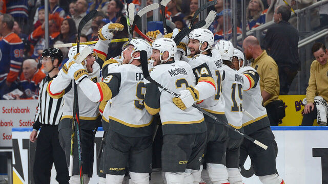 EDMONTON, CANADA - MAY 10: The Vegas Golden Knights celebrate after a late third period goal from Reilly Smith #19 against the Edmonton Oilers during Game Three of the Second Round of the 2025 Stanley Cup Playoffs at Rogers Place on May 10, 2025, in Edmonton, Alberta, Canada.