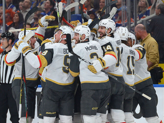 EDMONTON, CANADA - MAY 10: The Vegas Golden Knights celebrate after a late third period goal from Reilly Smith #19 against the Edmonton Oilers during Game Three of the Second Round of the 2025 Stanley Cup Playoffs at Rogers Place on May 10, 2025, in Edmonton, Alberta, Canada.