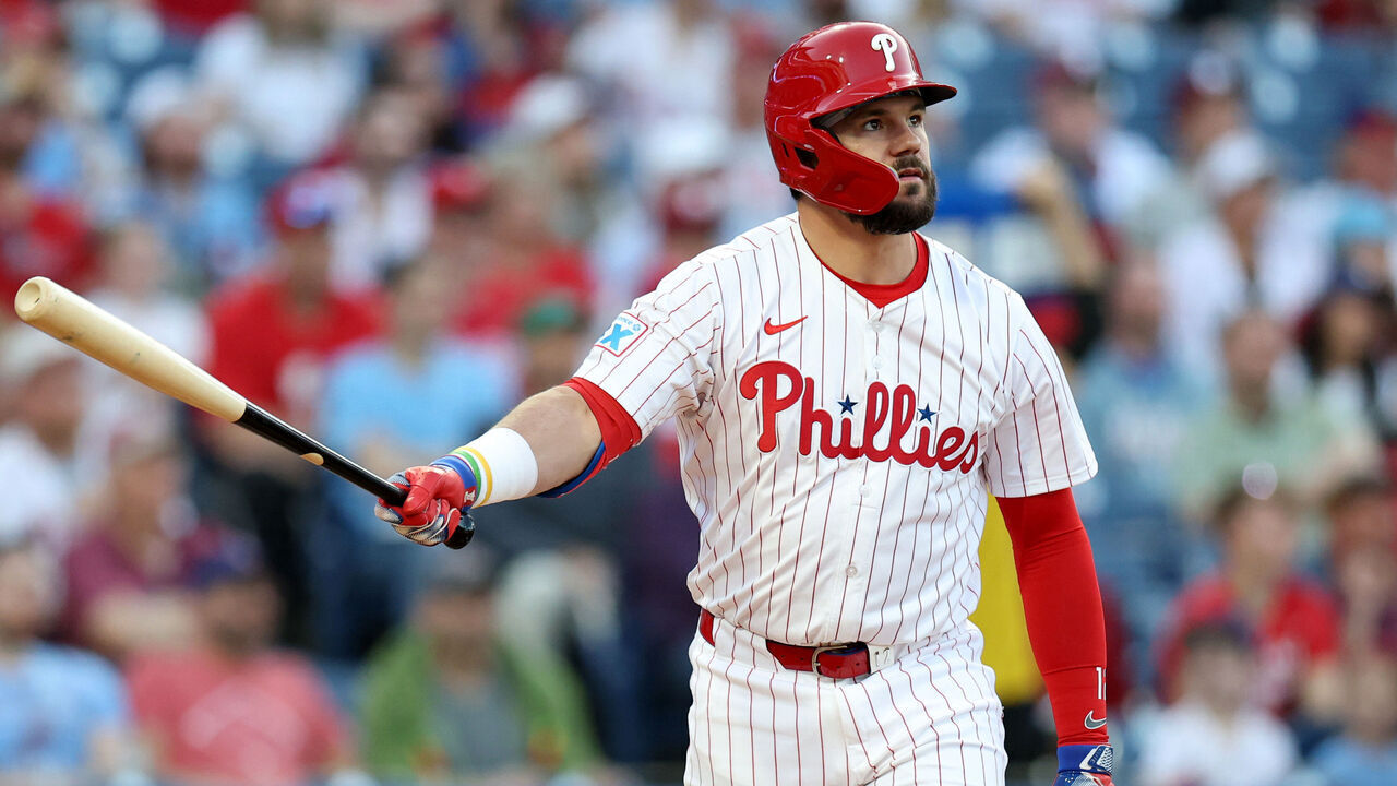 PHILADELPHIA, PENNSYLVANIA - APRIL 30: Kyle Schwarber #12 of the Philadelphia Phillies hits a home run during a game against the Washington Nationals at Citizens Bank Park on April 30, 2025 in Philadelphia, Pennsylvania.
