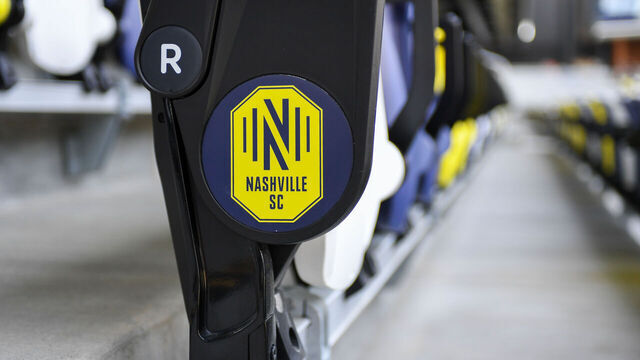 NASHVILLE, TN - MAY 01: The Nashville SC logo on seats at Geodis Park before the start of the MLS match between the Philadelphia Union and Nashville SC at GEODIS Park on May 01, 2022, in Nashville, TN.