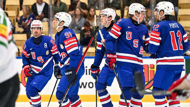 ODENSE, DENMARK - MAY 11: United States celebrate a goal during the 2025 Ice Hockey World Championship match between United States and Hungary at Jyske Bank Arena on May 11, 2025 in Odense, Denmark.
