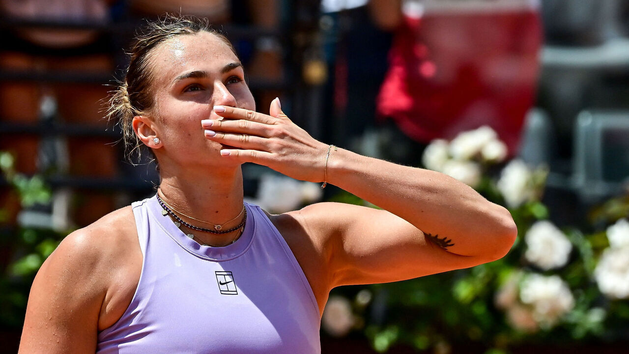 Belarus' Aryna Sabalenka celebrates after winning against US' Sofia Kenin during their women's singles match of the WTA Rome Open tennis tournament at Foro Italico in Rome on May 11, 2025.