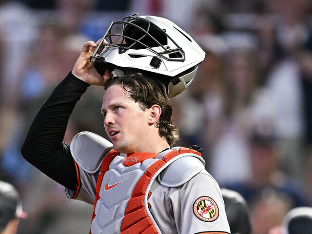 MINNEAPOLIS, MINNESOTA - MAY 6: Adley Rutschman #35 of the Baltimore Orioles reacts after a home run by Byron Buxton of the Minnesota Twins in the seventh inning at Target Field on May 6, 2025 in Minneapolis, Minnesota.