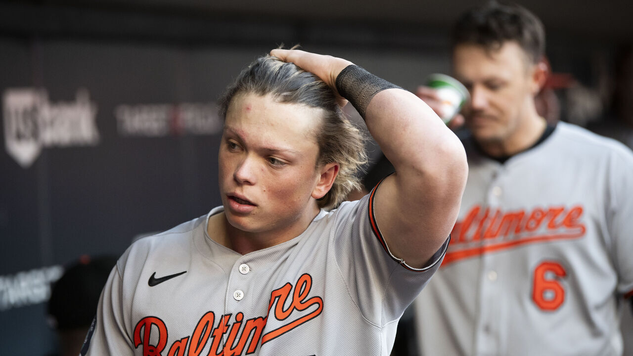MINNEAPOLIS, MINNESOTA - MAY 7: Jackson Holliday #7 of the Baltimore Orioles looks on from the dugout in the fourth inning of the game against the Minnesota Twins at Target Field on May 7, 2025 in Minneapolis, Minnesota.