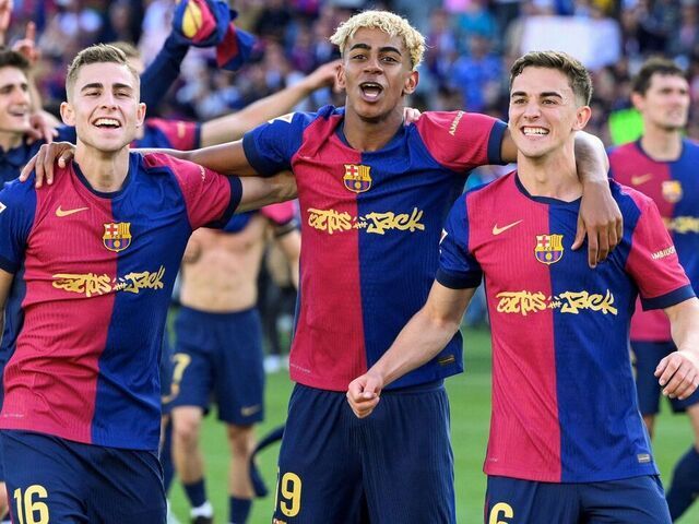 (From L) Barcelona's Spanish midfielder #16 Fermin Lopez, Barcelona's Spanish forward #19 Lamine Yamal and Barcelona's Spanish midfielder #06 Pablo Gavi celebrate victory at the end of the Spanish league football match between FC Barcelona and Real Madrid CF at Estadi Olimpic Lluis Companys in Barcelona, on May 11, 2025. Barcelona won 4-3.
