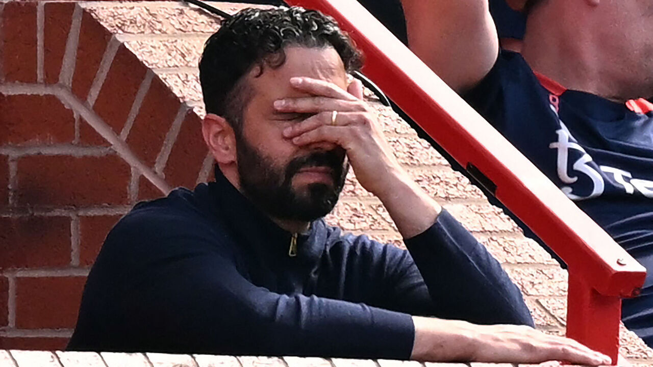 Manchester United's Portuguese head coach Ruben Amorim reacts during the English Premier League football match between Manchester United and West Ham United at Old Trafford in Manchester, north west England, on May 11, 2025.