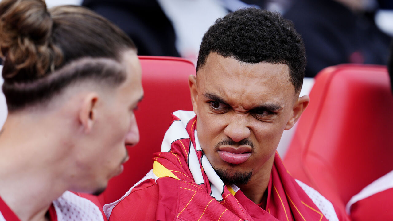 Liverpool's Trent Alexander-Arnold on the substitutes bench during the Premier League match at Anfield, Liverpool. Picture date: Sunday May 11, 2025.